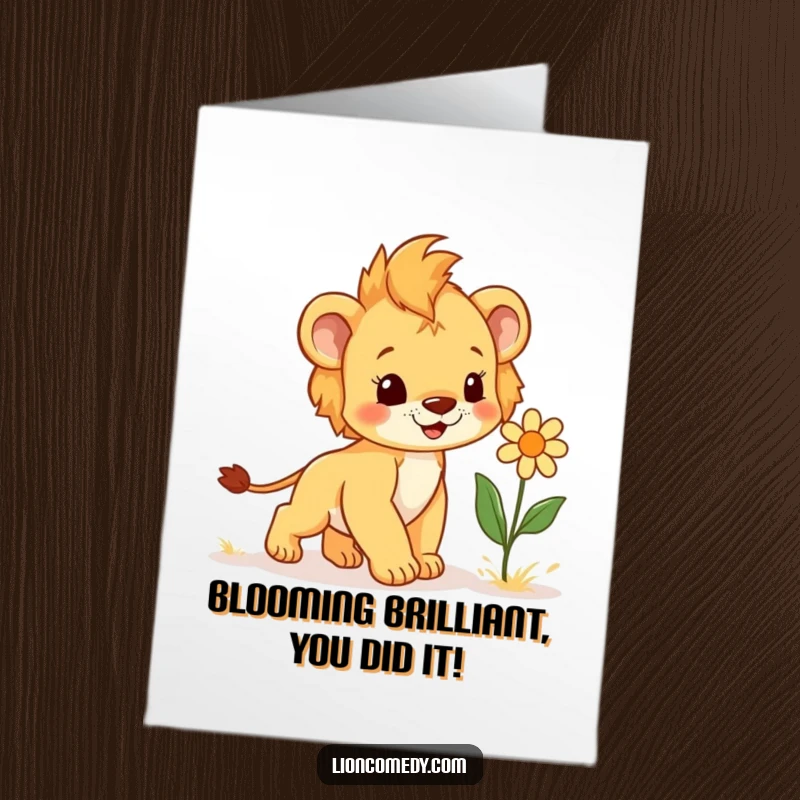 Funny Free Printable Congratulations Card: A happy lion cub skips towards a giggling flower, celebrating achievements.