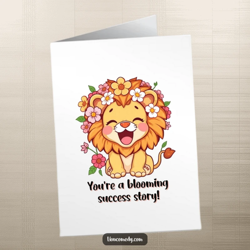 Funny Free Printable Congrats Card: Kawaii Lion Cub with Flowers in Mane, Roaring with Joy.