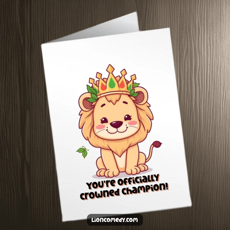 Funny Free Printable Congrats Card: Kawaii Lion Wearing a Leaf Crown in a Goofy Pose.