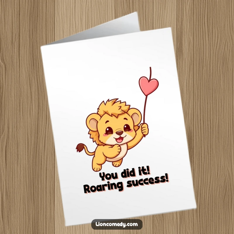 Funny Free Printable Congratulations Card: A kawaii lion cub energetically pounces on a string, symbolizing joyous achievement.