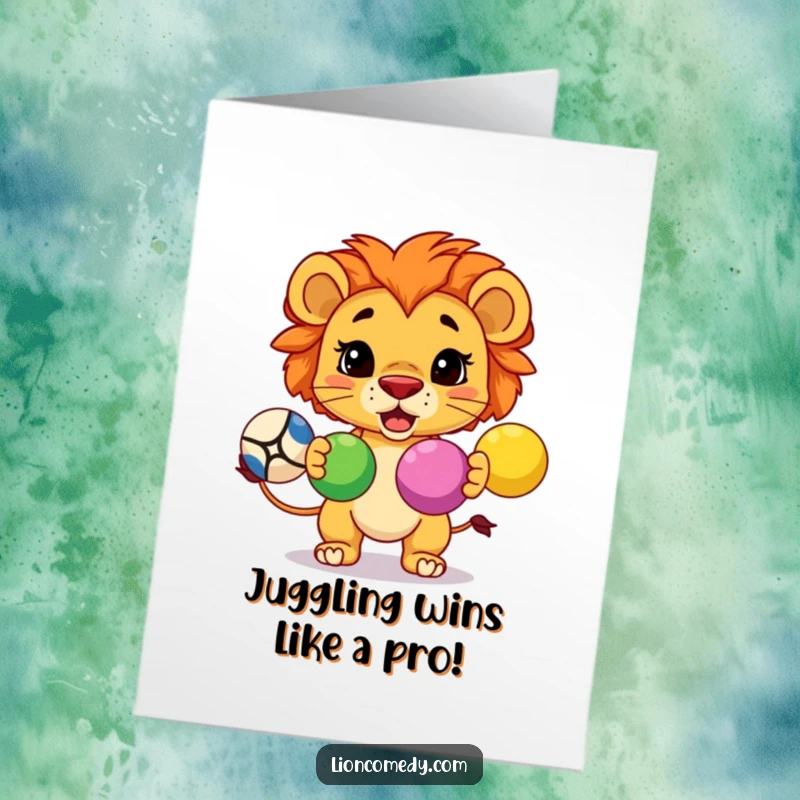 Funny Free Printable Congratulations Card: A determined kawaii lion juggles three colorful balls, symbolizing skillful achievement.