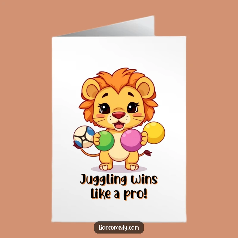 Free Printable Congrats Card: Funny Kawaii Lion Juggling - Talented Downloadable Gift Idea