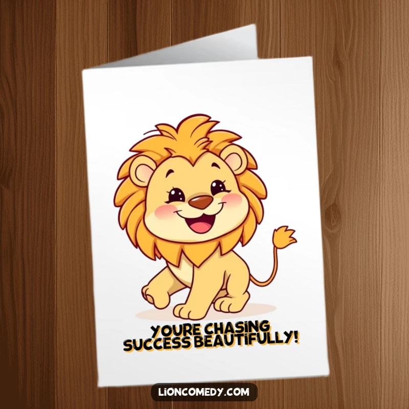 Funny Free Printable Congrats Card: Kawaii lion with a wide, happy grin, chasing its own tail in a humorous celebration, print at home.