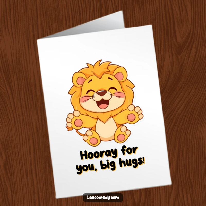 Funny Free Printable Congratulations Card: A happy lion with paws open wide, ready to give a congratulatory hug.