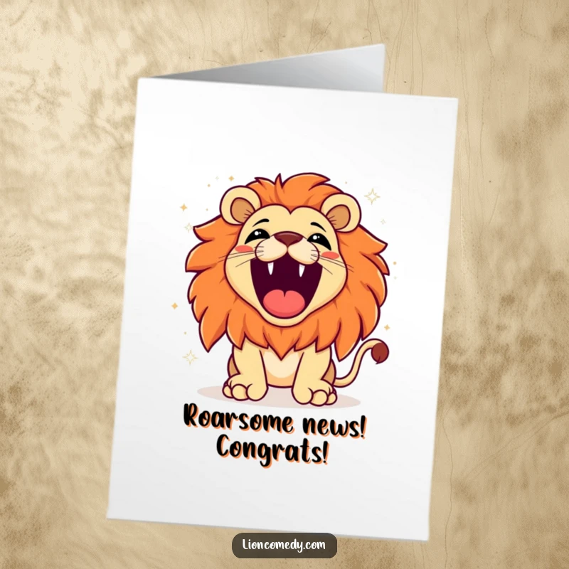 Funny Free Printable Congratulations Card: Kawaii lion roaring with immense joy, surrounded by happy sparkles, a vibrant downloadable celebration.