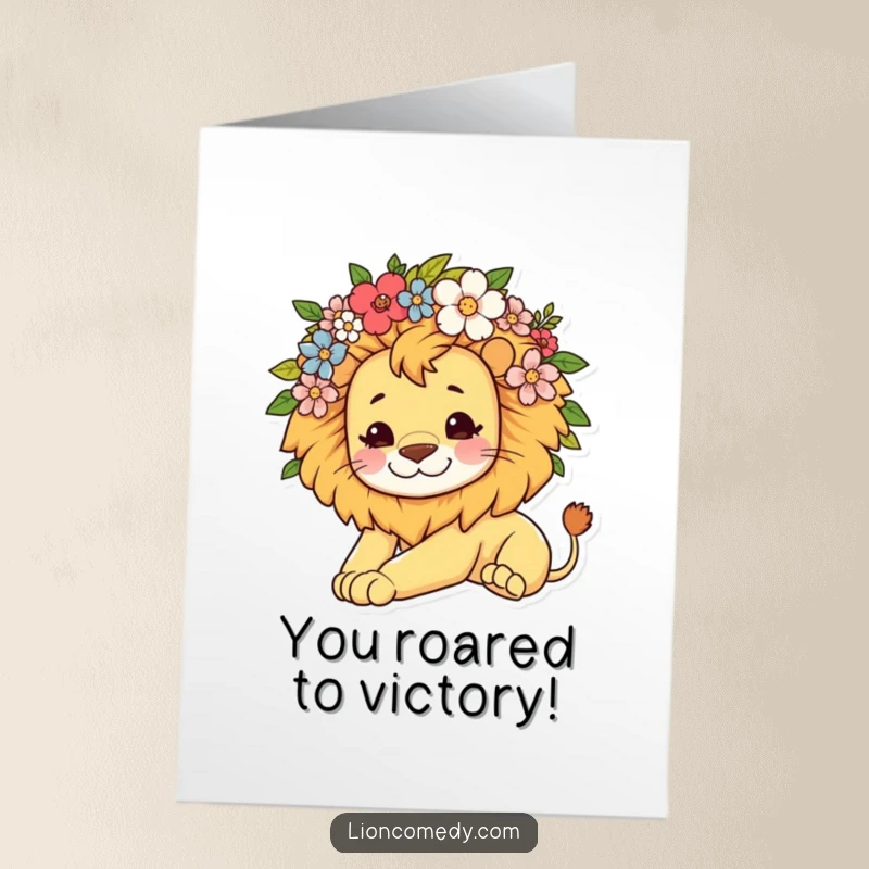 Free Printable Congratulations Card: A cute lion with a flower mane, lazily stretching to offer congratulations.