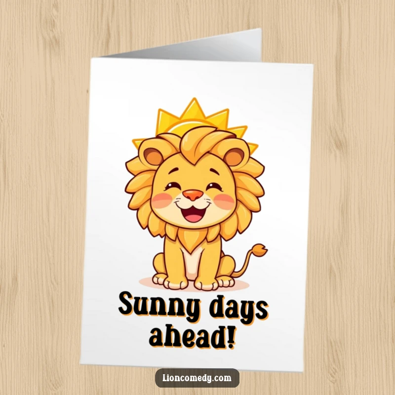 Funny free printable congratulations card featuring a happy lion balancing a glowing yellow sun on its nose.
