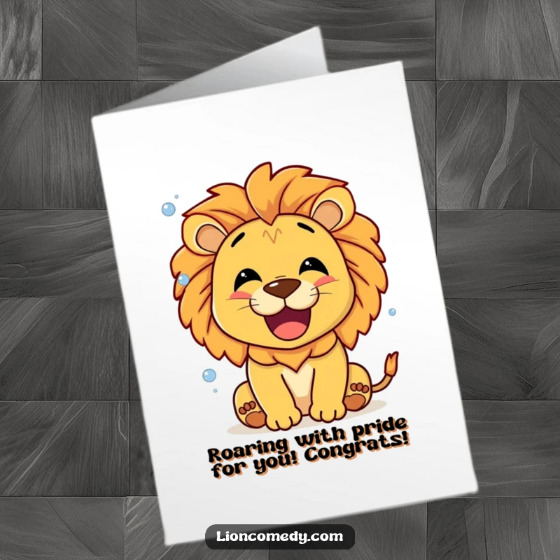 Funny Free Printable Congrats Card: A smiling lion letting out a happy roar, with small bubbles emerging.