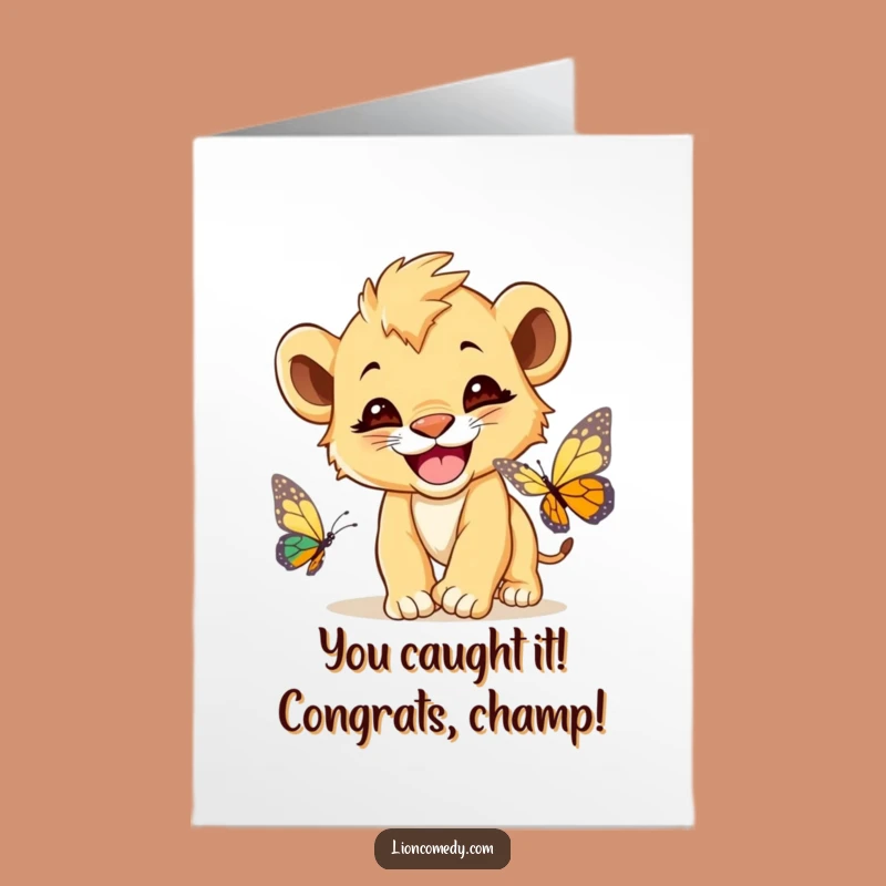 Free Printable Congrats Card: Lion Cub Butterfly Fun, Funny Downloadable Gift