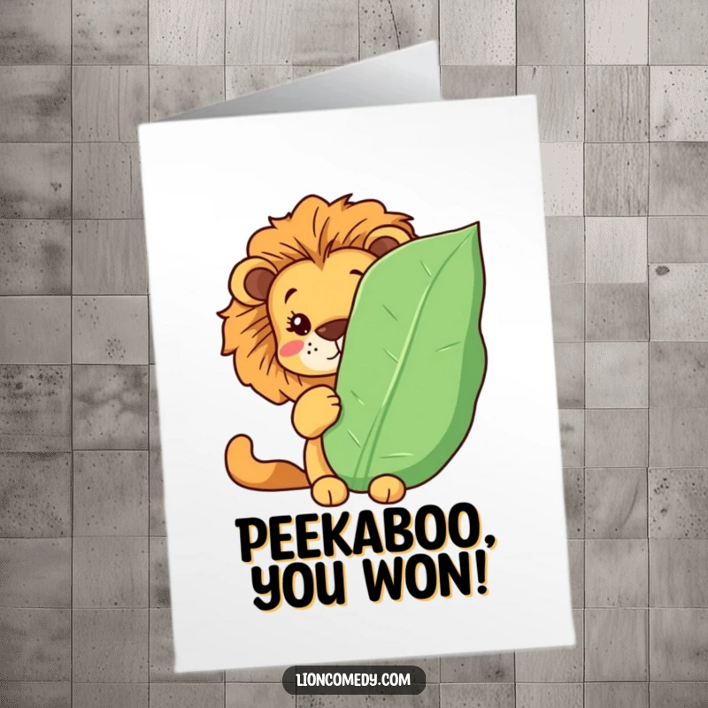 Funny Free Printable Congrats Card: A Kawaii lion hiding behind a leaf, peeking out with a grin for downloadable art.