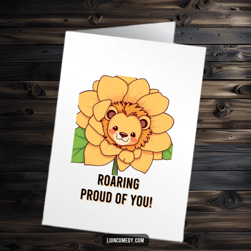 Funny Free Printable Congrats Card: A curious lion with a mischievous grin peeks from behind a giant bloom.