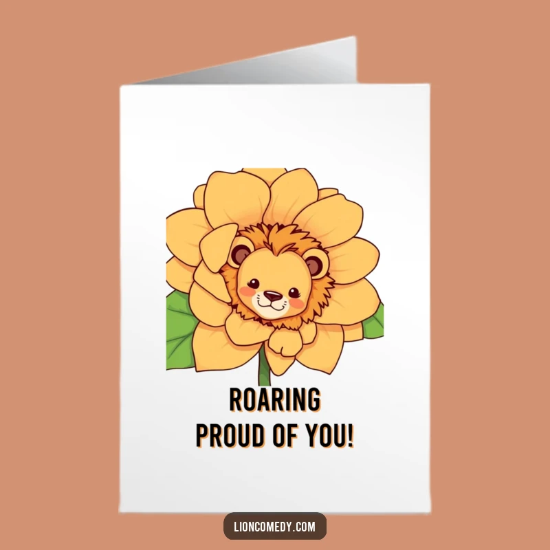 Free Printable Congrats Card: Peeking Lion & Flower, Joyful Downloadable Gift for Triumphs