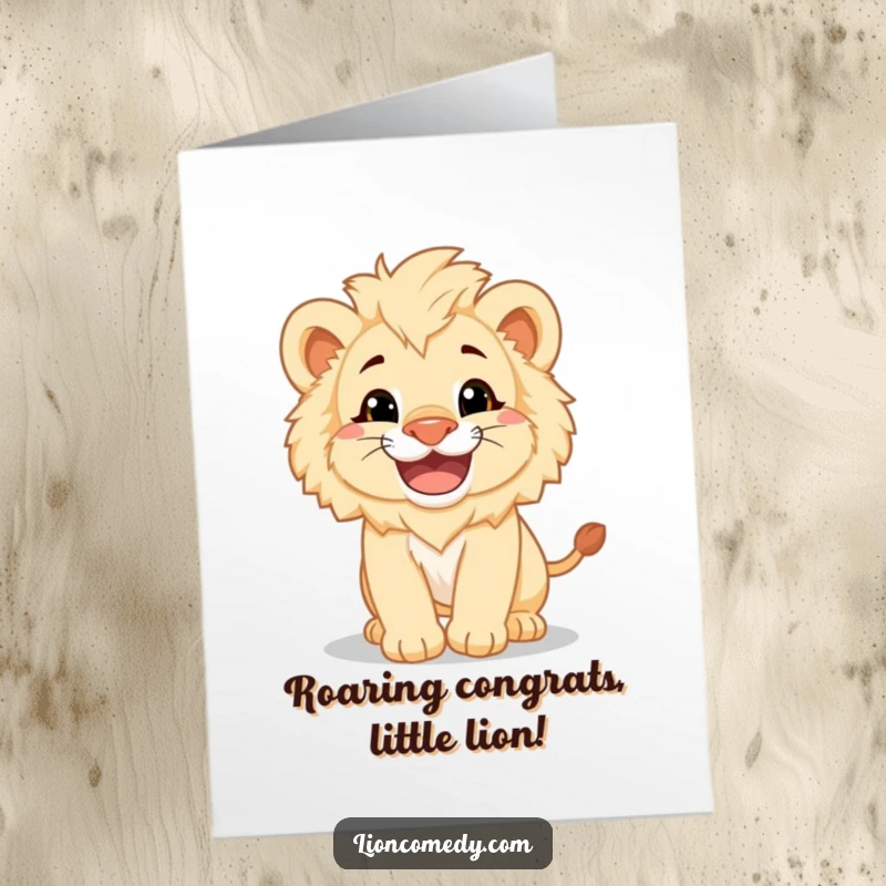 Funny Free Printable Congrats Card: A big-grinning fluffy lion cub playfully pounces, celebrating your fantastic success with wild enthusiasm.