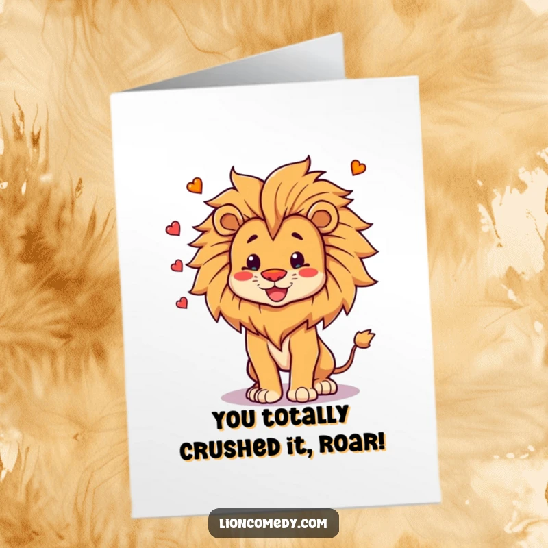 Funny Free Printable Congratulations Card: A proud lion joyfully juggling its mane, celebrating success with laughter.