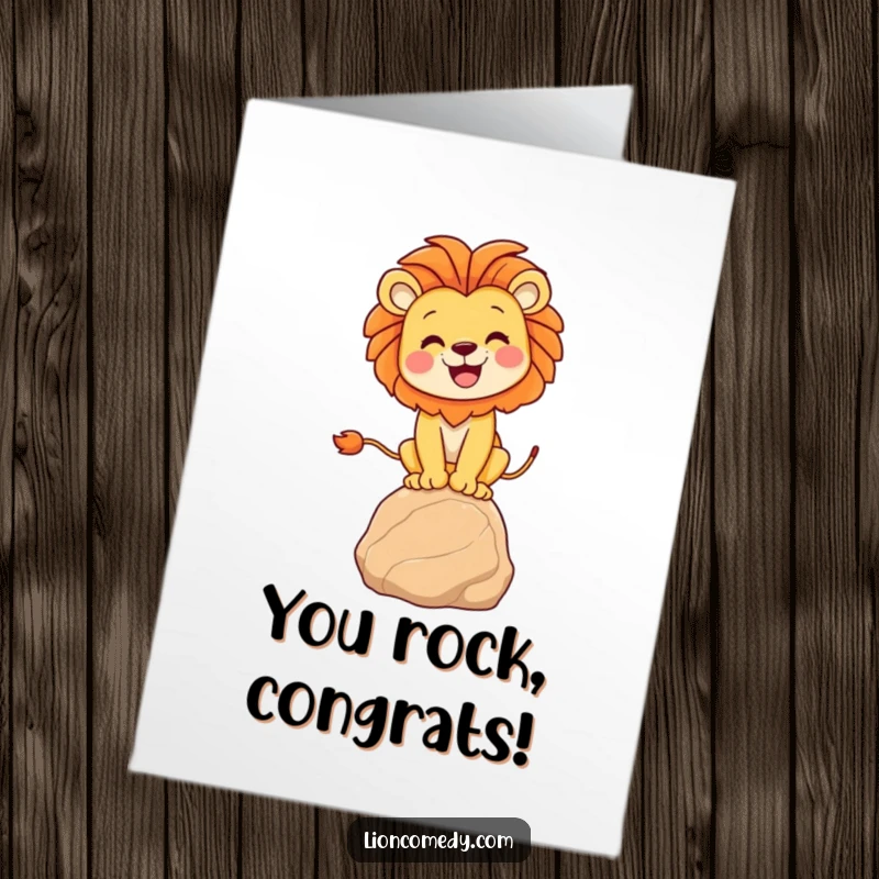 Funny Free Printable Congrats Card: A joyful lion triumphantly balancing on a small rock, celebrating a huge accomplishment.