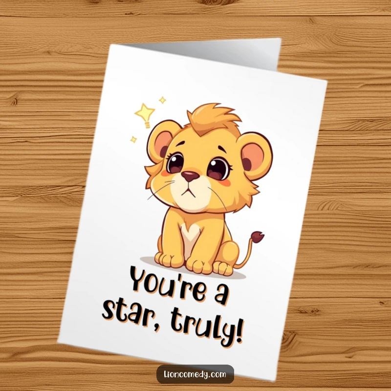 Funny Free Printable Congratulations Card: a wide-eyed lion cub marvels at a shooting star, symbolizing great success.
