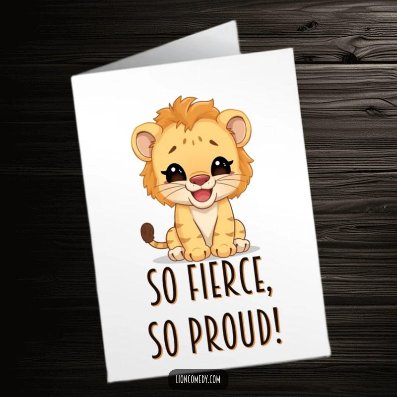 Funny Free Printable Congratulations Card: A giggling lion cub adorably pretending to be a fierce, big cat.