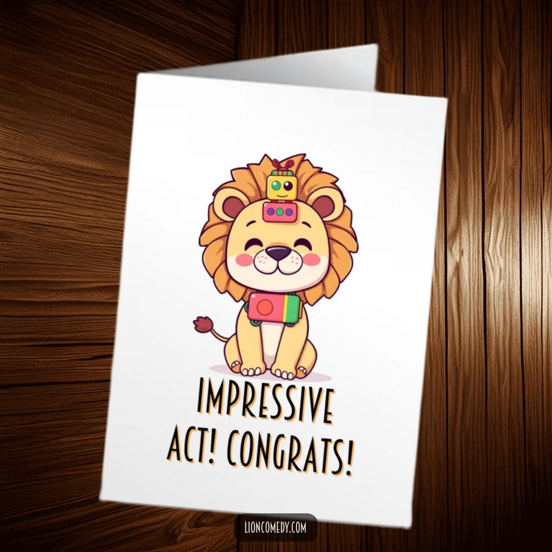 Free Printable Congrats Card: Kawaii lion expertly balancing a stack of colorful toys on its nose, playful.