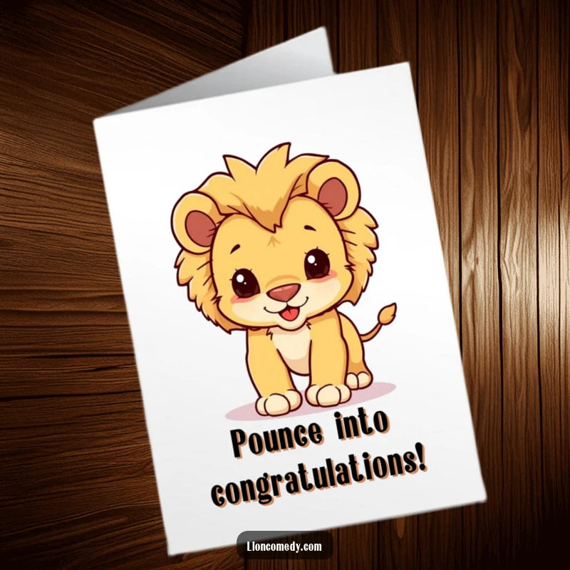 Funny Free Printable Congratulations Card showing a fluffy kawaii lion cub playfully pouncing, perfect for cheering someone on.