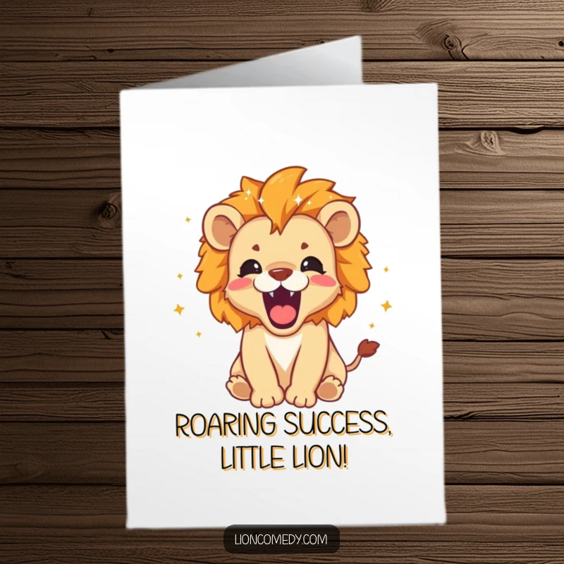 Funny Free Printable Congrats Card: A baby lion roaring proudly with a mane adorned by tiny stars and sparkles.