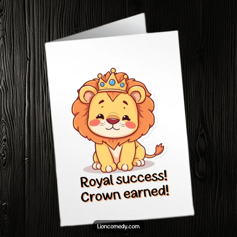 Funny Free Printable Congratulations Card: A crowned kawaii lion attempting regality but hilariously stumbling, a relatable win.