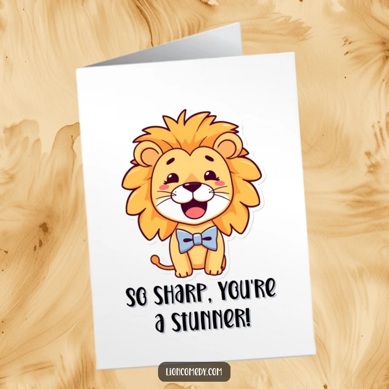 Funny Free Printable Congratulations Card: A lion with a wide goofy grin wearing a tiny, charming bow tie.