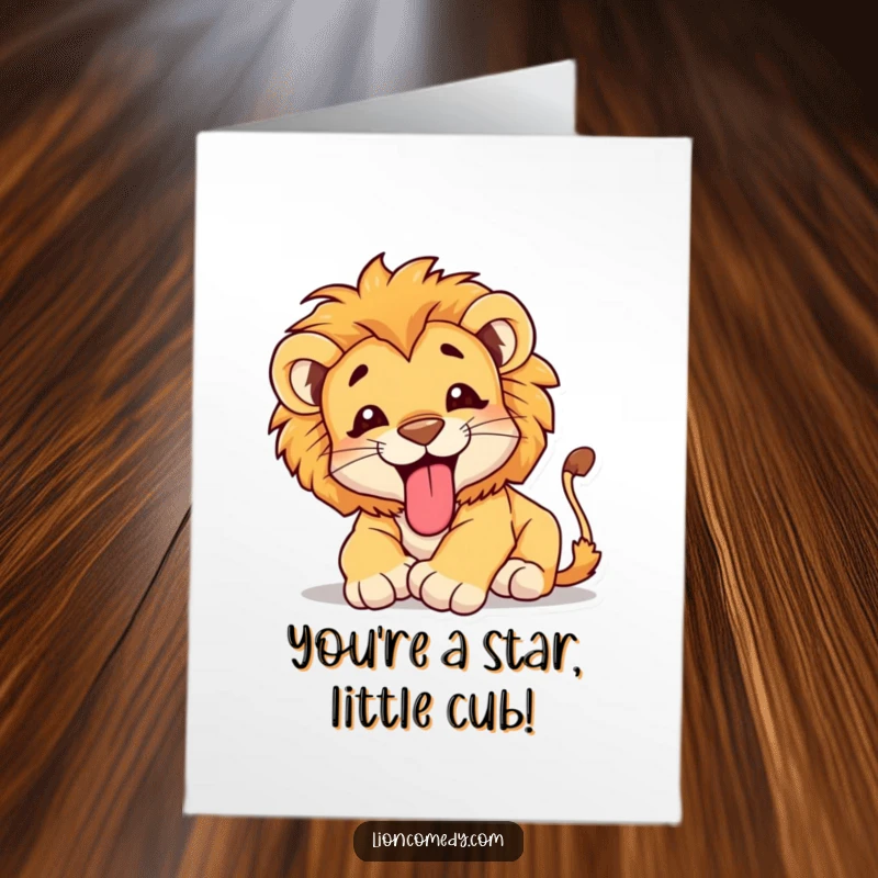 Funny Free Printable Congratulations Card: A happy lion cub tumbling with its tongue out, celebrating achievements.