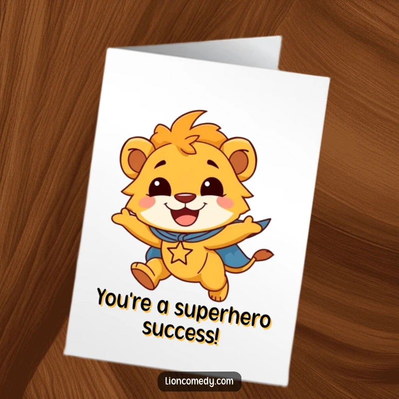 Funny Free Printable Congrats Card: Smiling lion cub wearing a superhero cape flies joyfully, celebrating a heroic accomplishment.
