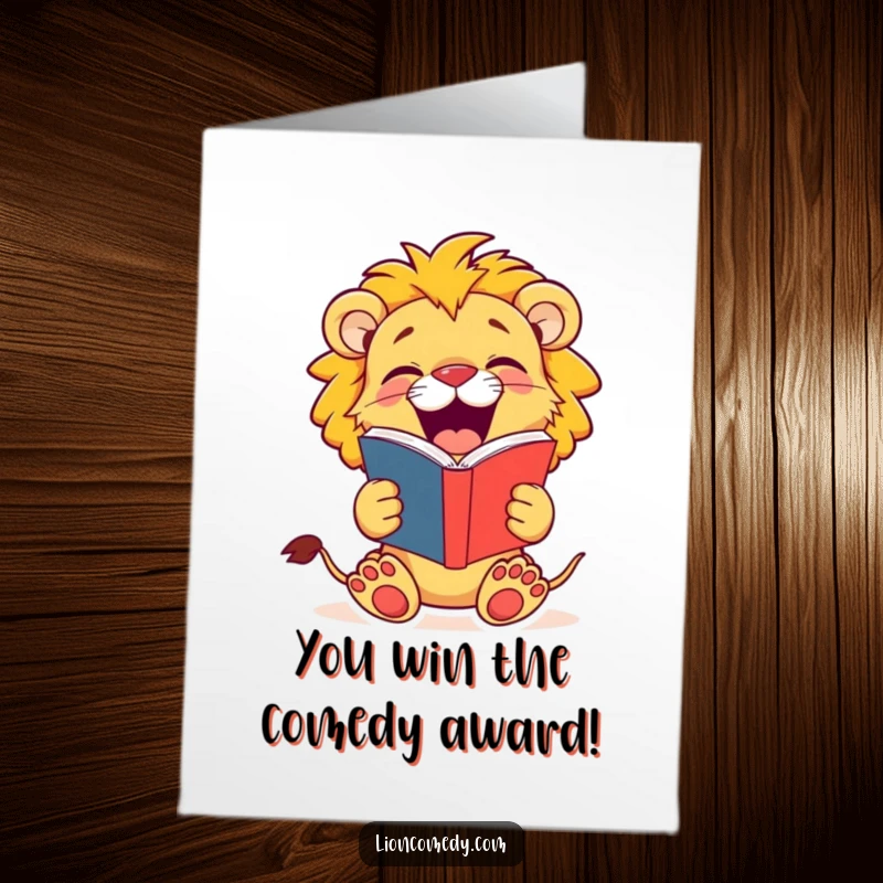 Free Printable congratulations card featuring a jovial lion cub laughing heartily while holding a joke book, celebrating success.