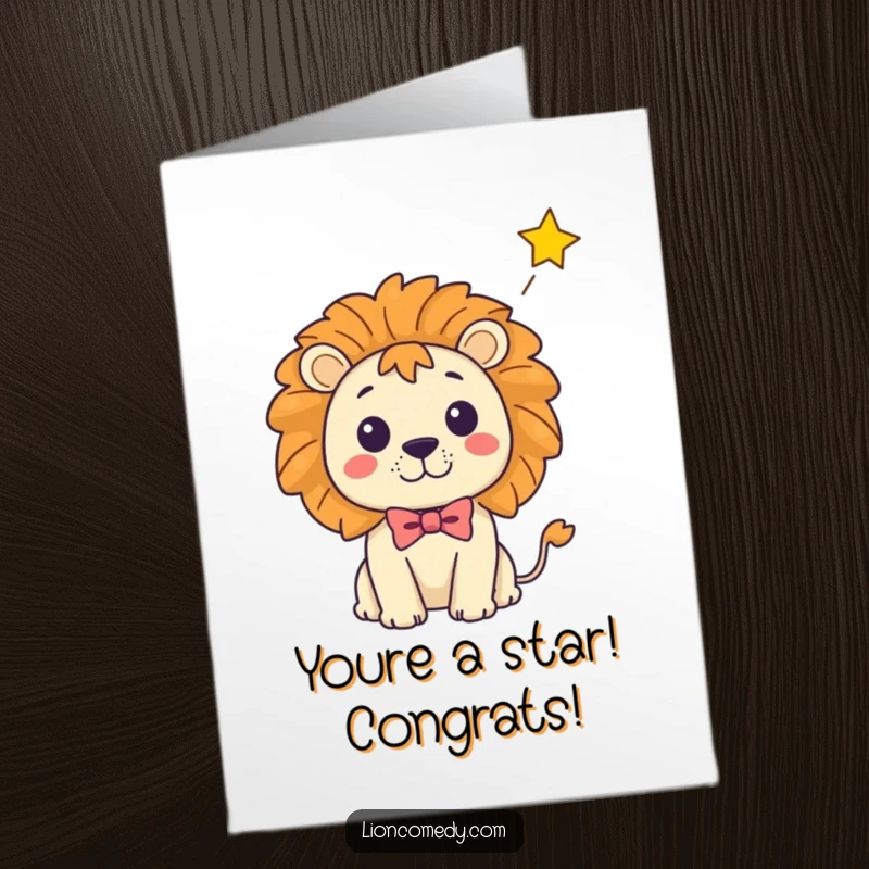 Free Printable Congrats Card: Kawaii lion wearing bow tie looks surprised by a falling star, funny downloadable greeting.