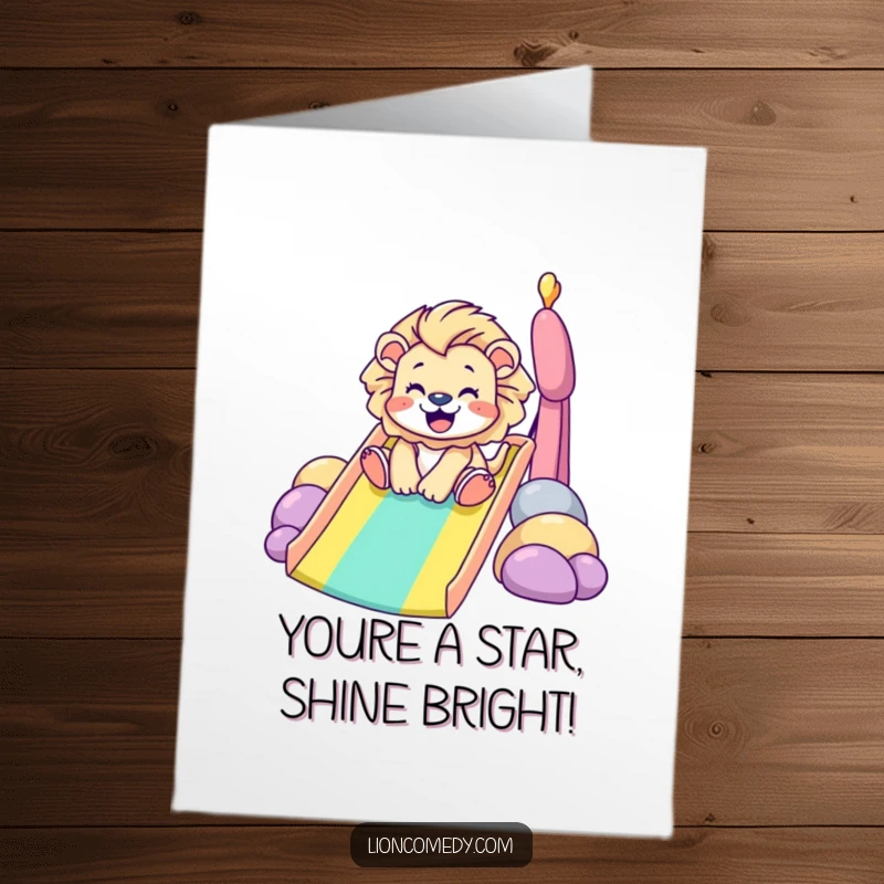 Funny Free Printable Congratulations Card: Tiny lion joyfully sliding down a colorful rainbow slide in celebration.