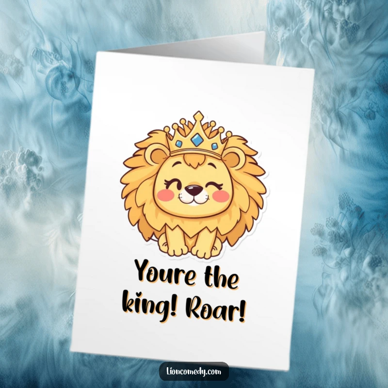 Funny Free Printable Congrats Card: Winking Kawaii Lion Balances Crown Celebrating a Grand Success