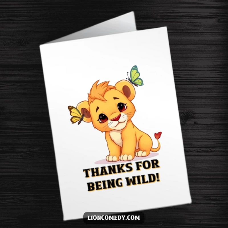 Funny Free Printable thank you card with a curious lion cub observing a butterfly, conveying heartfelt gratitude.