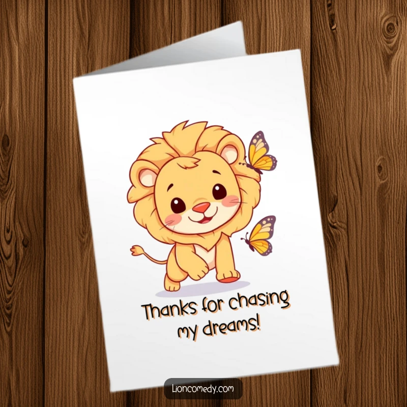Funny Free Printable Thank You Card: A cheerful lion happily chases a butterfly, offering a humorous and heartfelt thank you.