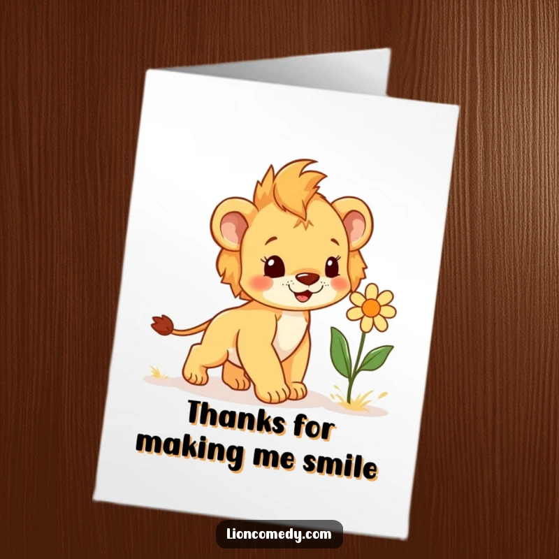 Funny Free Printable Thank You Card: A cheerful lion cub approaches a giggling flower, a delightful thank you.