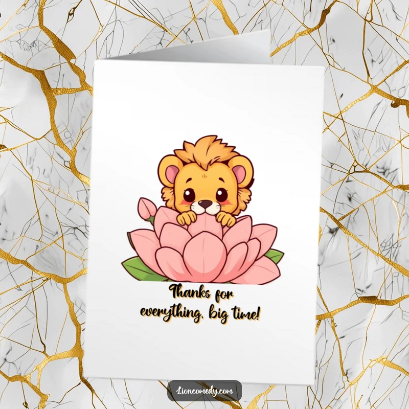 Funny Free Printable Thank You Card: A lion cub peeking over a large flower, offering a cute thank you.