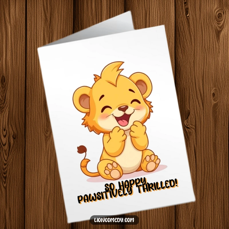 Funny Free Printable Thank You Card featuring a lion cub clapping its paws together with delight, expressing heartfelt gratitude.