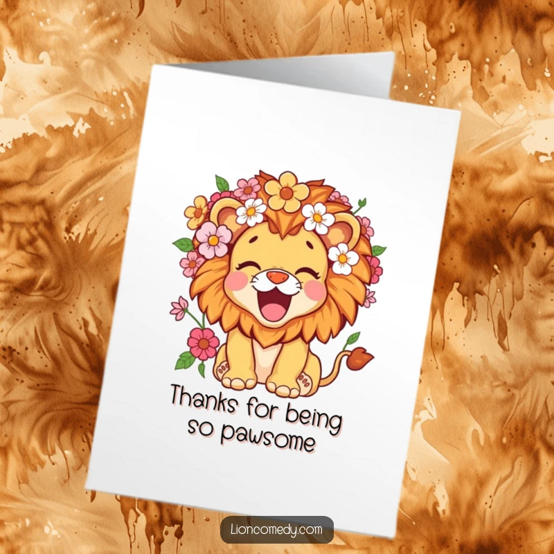 Funny Free Printable Thank You Card: Kawaii Lion Cub with a Flower Mane, Roaring with Delight.