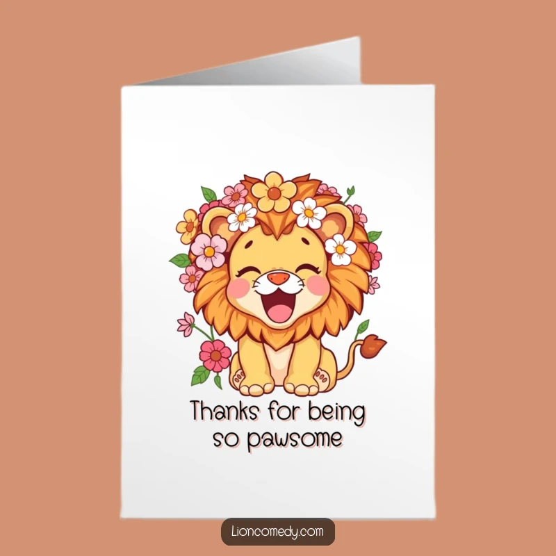 Free Printable Thank You Card: Flower Lion Cub Cheers! Charming Downloadable Gift for Gratitude.