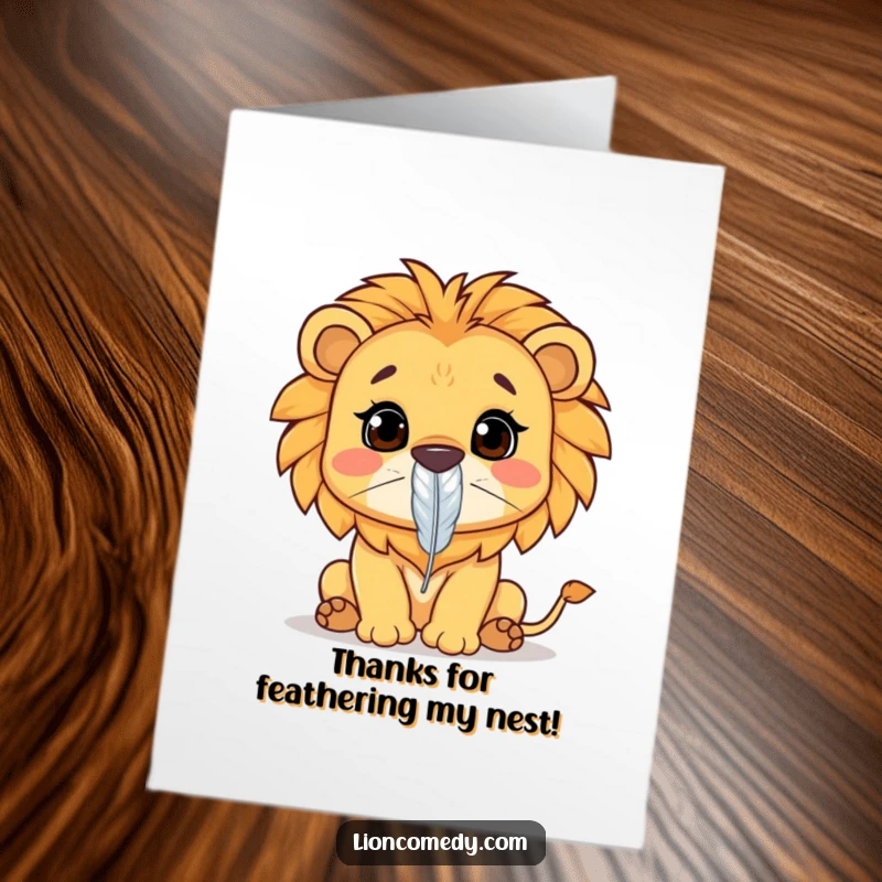 Funny Free Printable Thank You Card: A Kawaii lion concentrates, balancing a feather, a humorous way to show thanks for focus.