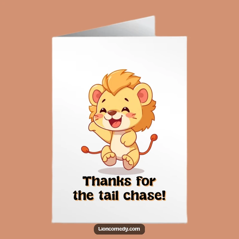 Free Printable Thank You Card: Funny Lion Cub Tail Chase - Express Gratitude Digitally
