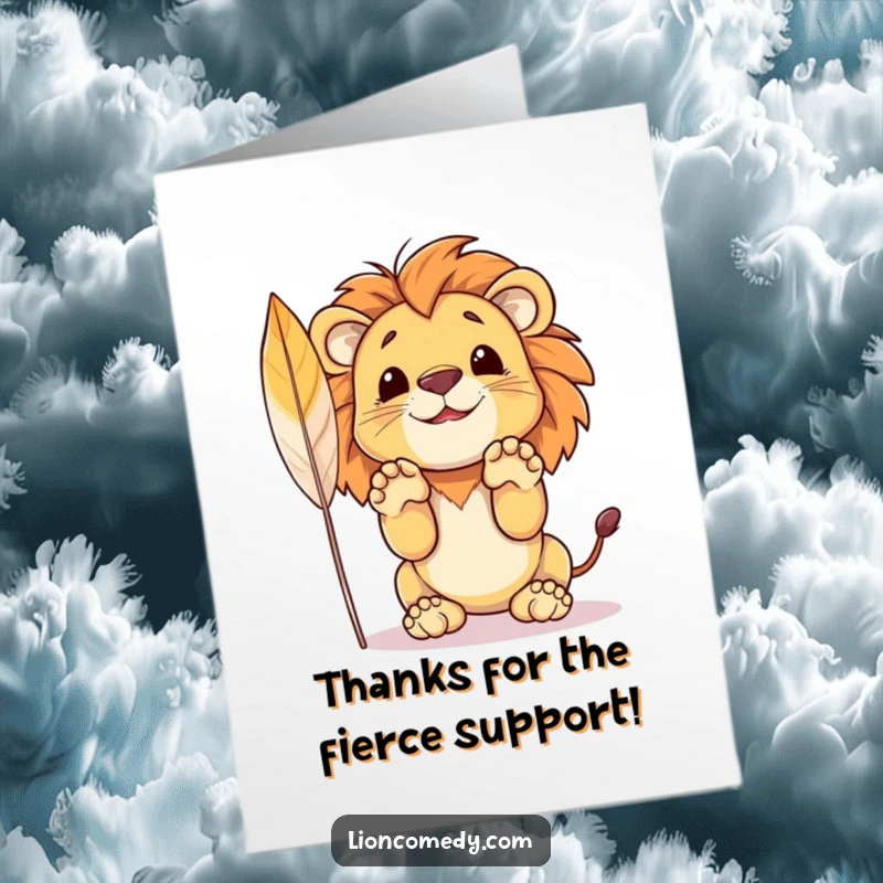 Funny free printable thank you card: a playful lion cub about to 'pounce' on a feather, symbolizing a quick thank you.