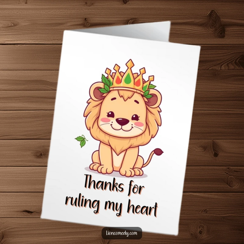 Funny Free Printable Thank You Card: Kawaii Lion in Leaf Crown, Striking a Goofy King Pose.