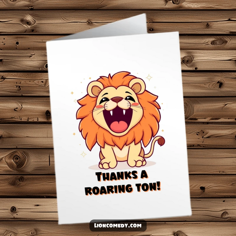 Funny Free Printable Thank You Card: Kawaii lion roaring with gratitude, sparkling background, a joyous downloadable expression of thanks.