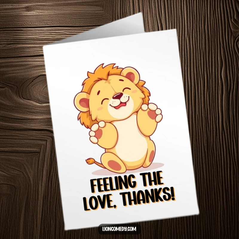 Funny Free Printable Thank You Card: A content lion cub expressing joy while rolling on its back.