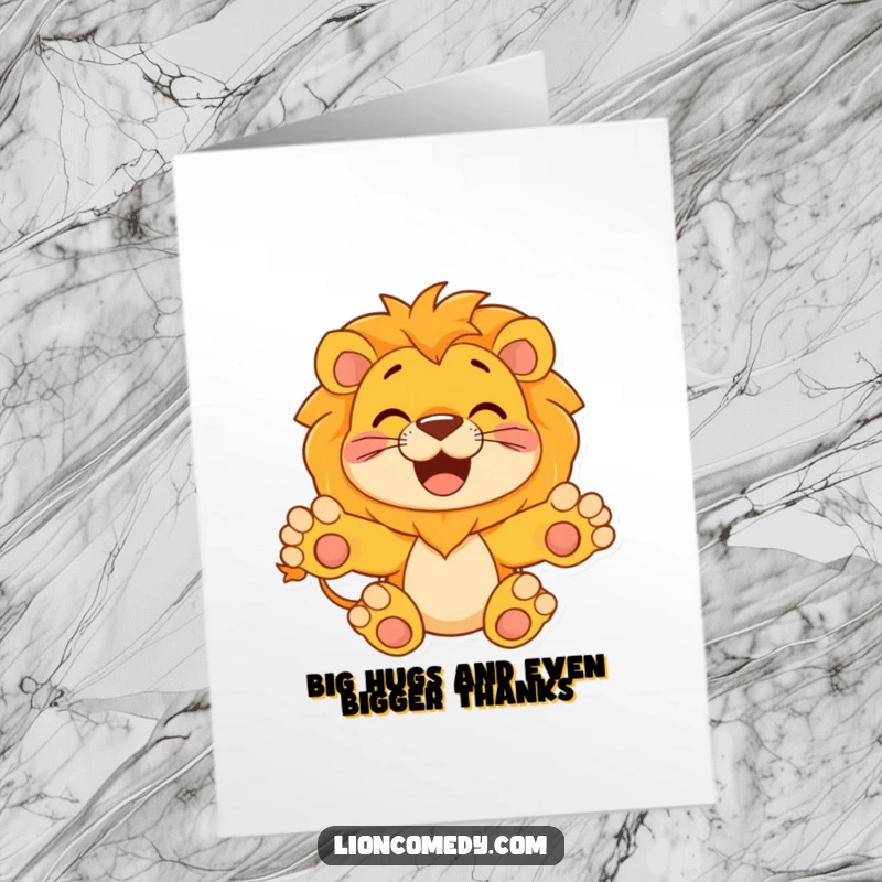 Funny Free Printable Thank You Card: A happy, inviting lion with paws outstretched, ready for a warm hug.