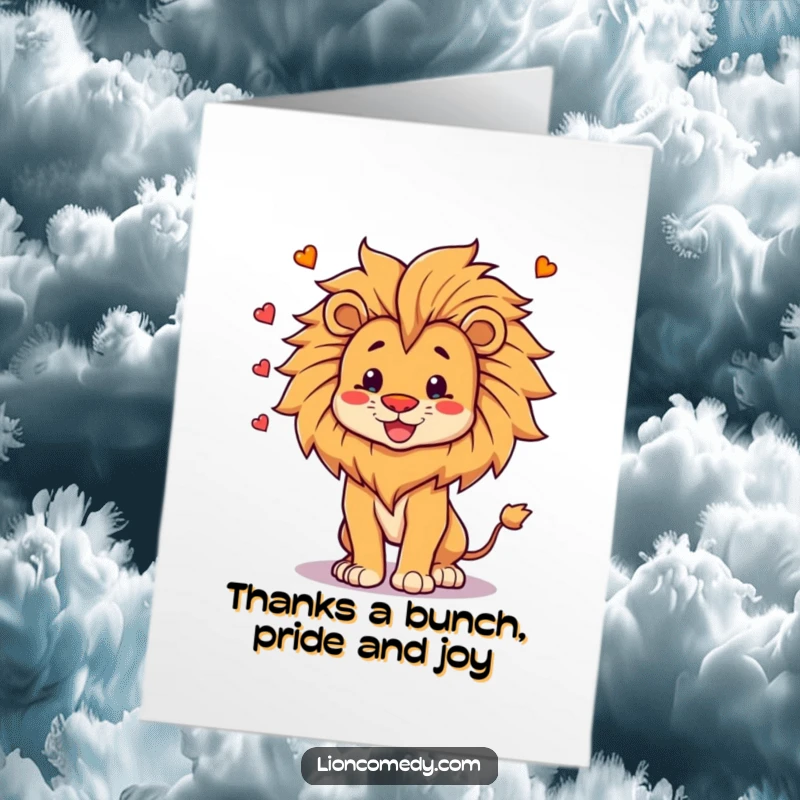 Funny Free Printable Thank You Card: A happy, proud lion juggling its magnificent mane, a unique way to express thanks.