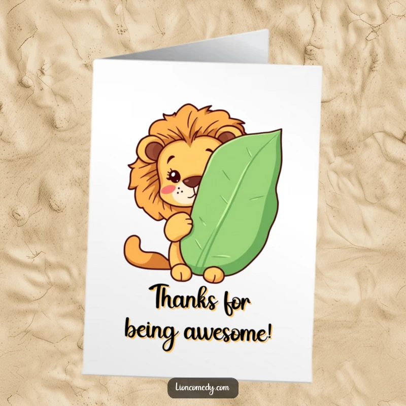 Funny Free Printable Thank You Card: A Kawaii lion peeks from behind a comical leaf, a sweet way to say thanks.