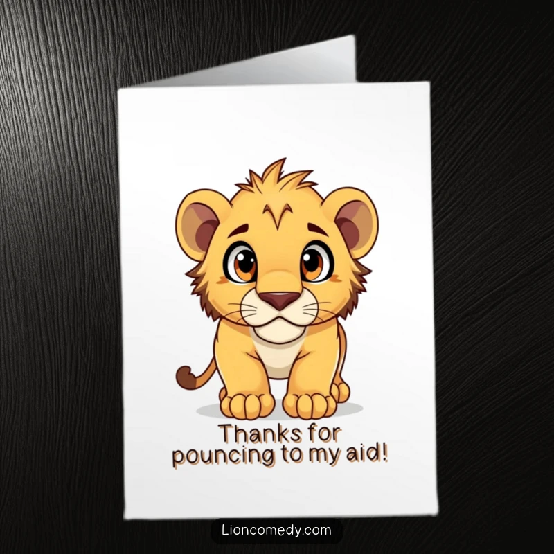 Funny Free Printable Thank You Card featuring a curious lion cub energetically pouncing forward, expressing thanks with wide, happy eyes.