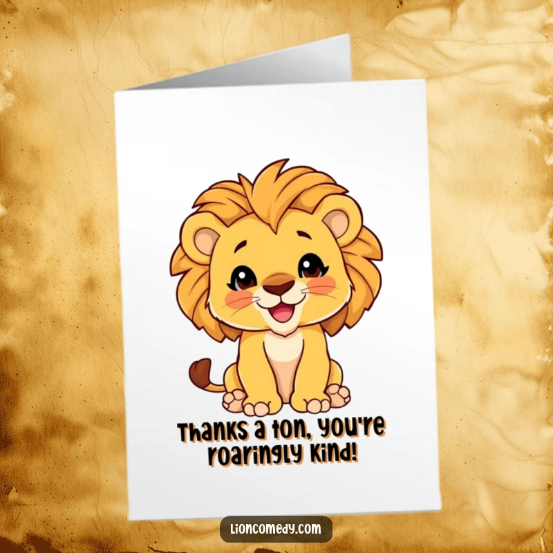 Funny Free Printable Thank You Card with a proud lion cub flexing its chest and magnificent mane, a joyful expression of thanks.